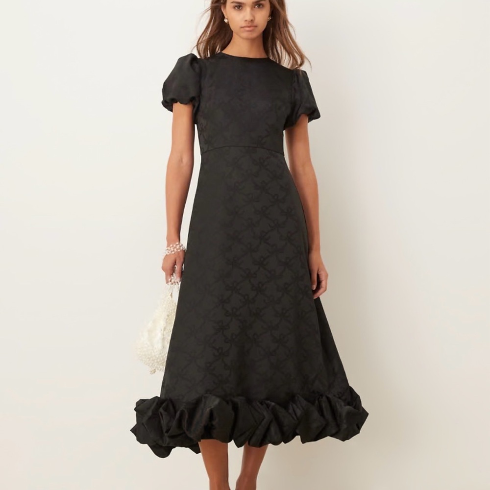 Sister Jane Black Puff-Sleeve Midi Dress with Ruffle Hem